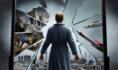 Ilustrasi realistik seorang figur simbolik Israel berdiri di depan cermin besar yang pecah, dengan pantulan-pantulan retaknya menampilkan gambaran Gaza yang hancur, pejuang Hezbollah, rudal Iran, dan Amerika yang beralih ke Arab Saudi. Wajah figur tampak cemas dan tertekan, merepresentasikan krisis internal dan keruntuhan mitos kekuatan Israel.