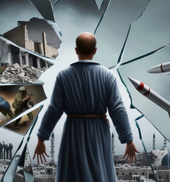 Ilustrasi realistik seorang figur simbolik Israel berdiri di depan cermin besar yang pecah, dengan pantulan-pantulan retaknya menampilkan gambaran Gaza yang hancur, pejuang Hezbollah, rudal Iran, dan Amerika yang beralih ke Arab Saudi. Wajah figur tampak cemas dan tertekan, merepresentasikan krisis internal dan keruntuhan mitos kekuatan Israel.