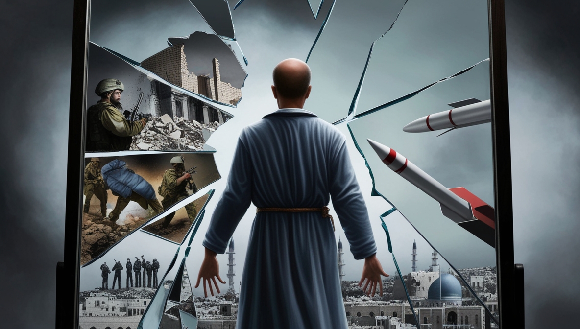 Ilustrasi realistik seorang figur simbolik Israel berdiri di depan cermin besar yang pecah, dengan pantulan-pantulan retaknya menampilkan gambaran Gaza yang hancur, pejuang Hezbollah, rudal Iran, dan Amerika yang beralih ke Arab Saudi. Wajah figur tampak cemas dan tertekan, merepresentasikan krisis internal dan keruntuhan mitos kekuatan Israel.