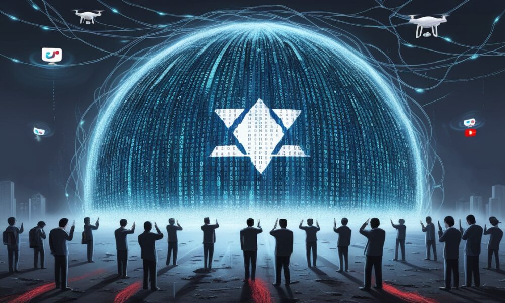 A surreal digital illustration showing Israel’s “Digital Iron Dome” — a glowing blue data dome shielding people hypnotized by their phones, symbolizing global propaganda control through AI and social media.
