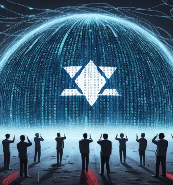 A surreal digital illustration showing Israel’s “Digital Iron Dome” — a glowing blue data dome shielding people hypnotized by their phones, symbolizing global propaganda control through AI and social media.