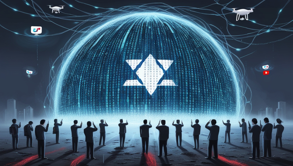 A surreal digital illustration showing Israel’s “Digital Iron Dome” — a glowing blue data dome shielding people hypnotized by their phones, symbolizing global propaganda control through AI and social media.
