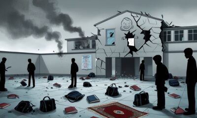 Illustration of a damaged school courtyard after an explosion, symbolizing emotional violence among youth.