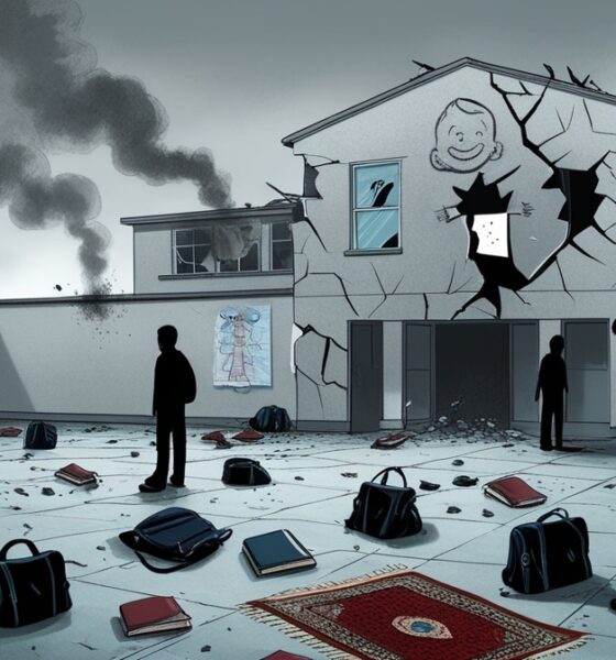 Illustration of a damaged school courtyard after an explosion, symbolizing emotional violence among youth.