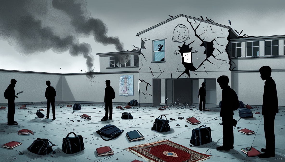 Illustration of a damaged school courtyard after an explosion, symbolizing emotional violence among youth.