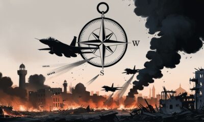 Editorial illustration of jets bombing a Gaza-like destroyed city, overshadowed by a cracked compass symbol representing a Western military alliance.
