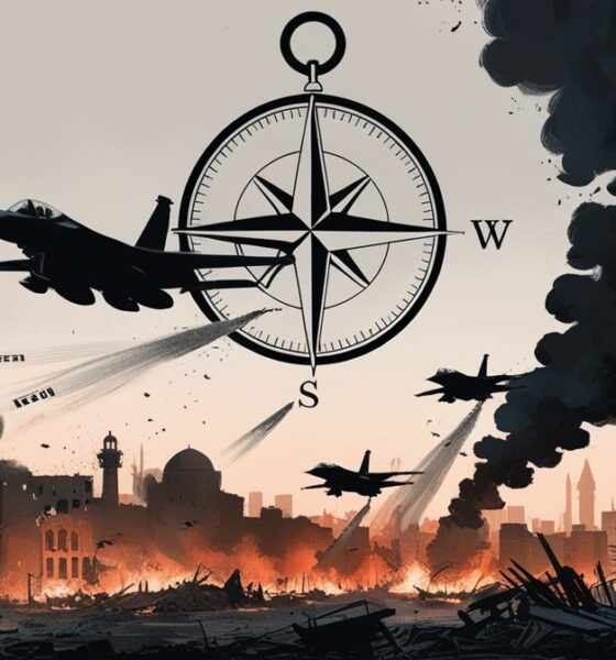 Editorial illustration of jets bombing a Gaza-like destroyed city, overshadowed by a cracked compass symbol representing a Western military alliance.