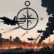 Editorial illustration of jets bombing a Gaza-like destroyed city, overshadowed by a cracked compass symbol representing a Western military alliance.