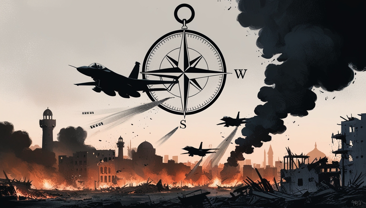 Editorial illustration of jets bombing a Gaza-like destroyed city, overshadowed by a cracked compass symbol representing a Western military alliance.