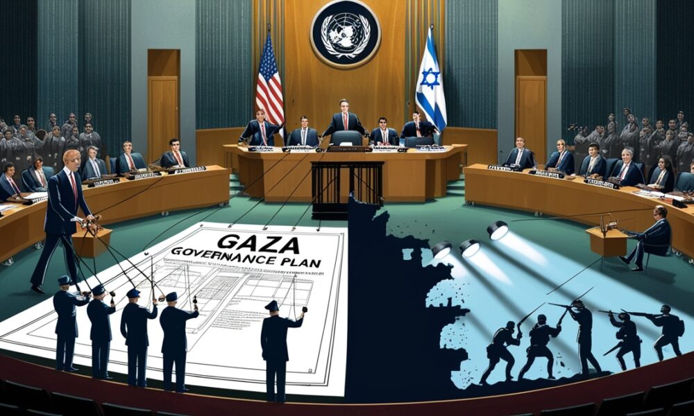 “Ilustrasi editorial yang menampilkan sosok-sosok diplomat besar tanpa wajah duduk melingkar di meja PBB, tangan-tangan mereka menekan sebuah kota kecil yang mewakili Gaza. Di bawah meja, bayangan panjang berbentuk bendera Israel tampak mengikat kaki-kaki meja, sementara di kejauhan terlihat siluet para pejuang Palestina yang terdesak oleh cahaya sorotan internasional.”