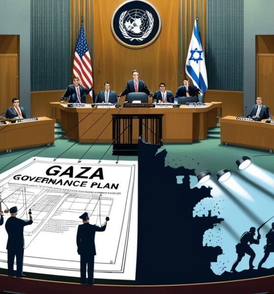 “Ilustrasi editorial yang menampilkan sosok-sosok diplomat besar tanpa wajah duduk melingkar di meja PBB, tangan-tangan mereka menekan sebuah kota kecil yang mewakili Gaza. Di bawah meja, bayangan panjang berbentuk bendera Israel tampak mengikat kaki-kaki meja, sementara di kejauhan terlihat siluet para pejuang Palestina yang terdesak oleh cahaya sorotan internasional.”