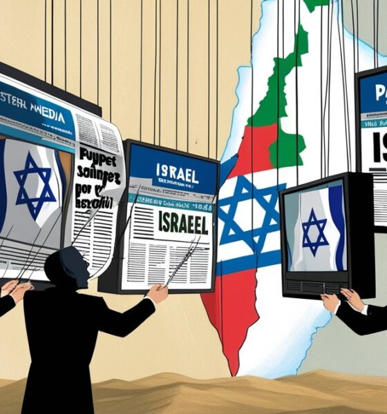 Illustrasi editorial menunjukkan media barat dikendalikan sebagai alat propaganda Israel, dengan Gaza yang terpinggirkan di latar belakang.