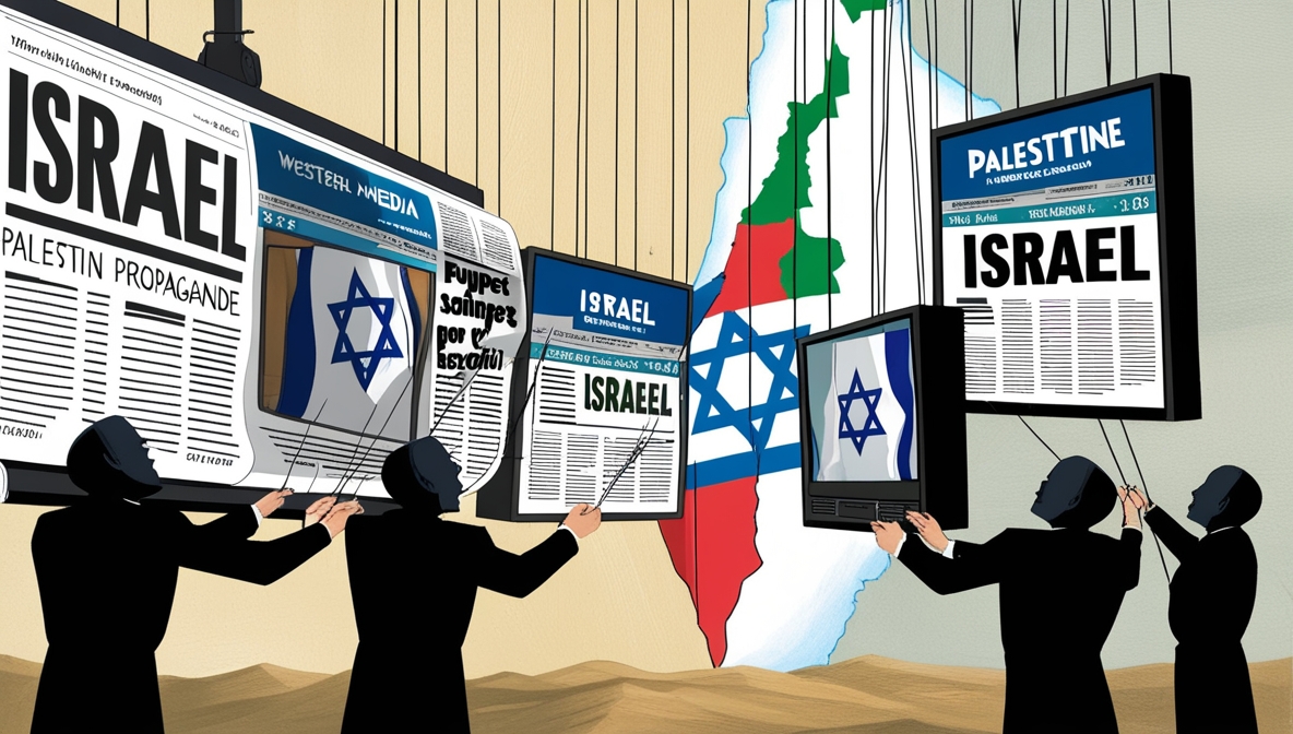 Illustrasi editorial menunjukkan media barat dikendalikan sebagai alat propaganda Israel, dengan Gaza yang terpinggirkan di latar belakang.