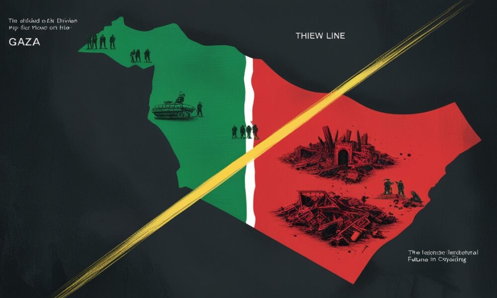 A divided map of Gaza showing a small green zone, a large devastated red zone, and a bold yellow line representing imposed control.