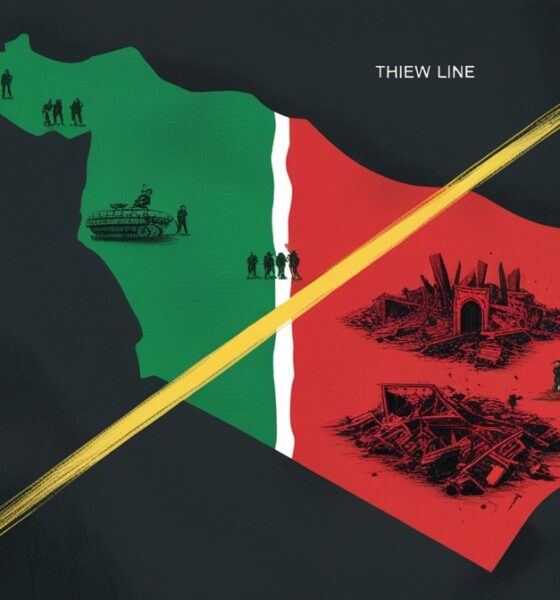 A divided map of Gaza showing a small green zone, a large devastated red zone, and a bold yellow line representing imposed control.