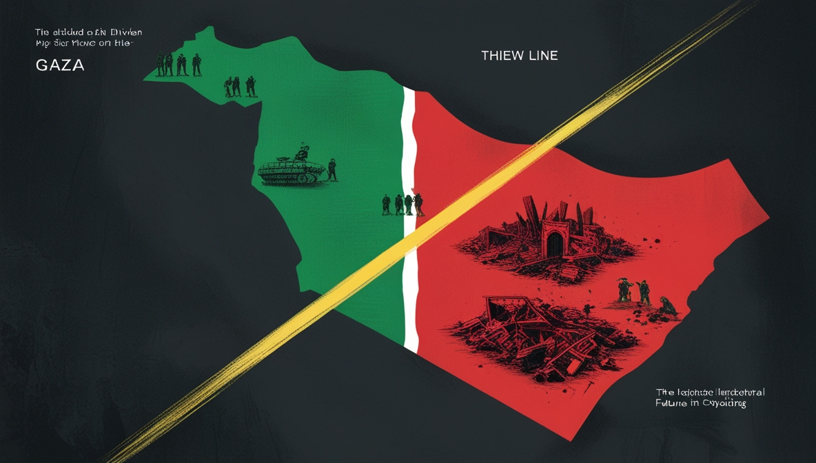 A divided map of Gaza showing a small green zone, a large devastated red zone, and a bold yellow line representing imposed control.