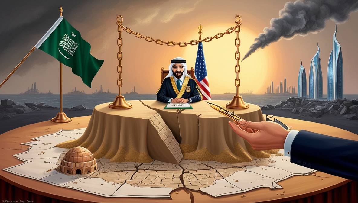 Symbolic illustration of Saudi Arabia’s political stance toward Palestine, emphasizing control and stability over liberation.