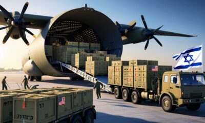 “Ilustrasi editorial realistis menampilkan pesawat kargo Hercules militer negara-negara Barat membongkar peti-peti senjata berlabel bendera Barat di Tel Aviv, dengan truk militer Israel menunggu untuk mengangkutnya