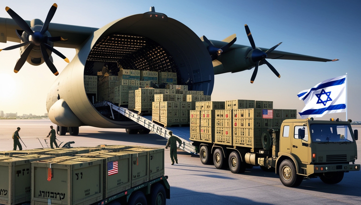 “Ilustrasi editorial realistis menampilkan pesawat kargo Hercules militer negara-negara Barat membongkar peti-peti senjata berlabel bendera Barat di Tel Aviv, dengan truk militer Israel menunggu untuk mengangkutnya