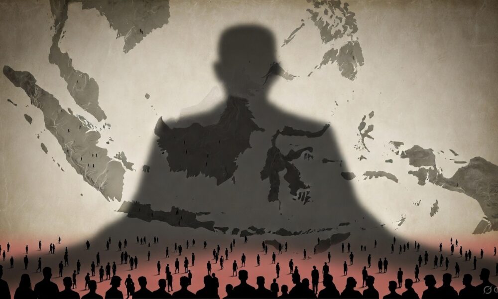 Ilustrasi bayangan Soeharto menjulang di atas peta Indonesia dengan siluet rakyat kecil di bawahnya.