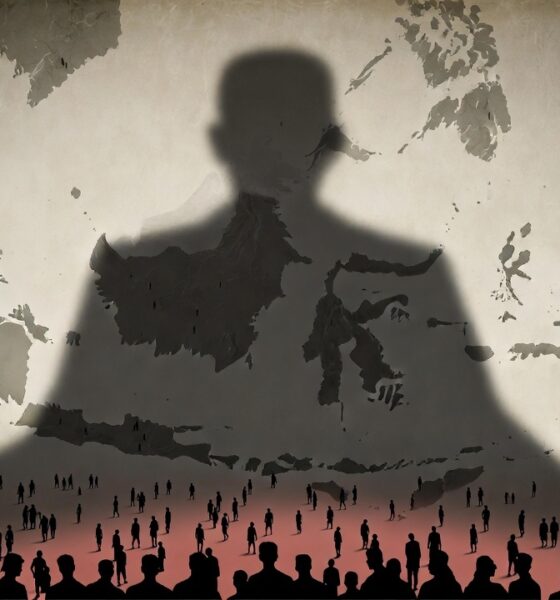 Ilustrasi bayangan Soeharto menjulang di atas peta Indonesia dengan siluet rakyat kecil di bawahnya.