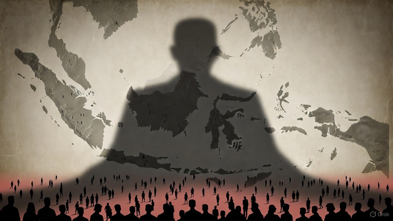 Ilustrasi bayangan Soeharto menjulang di atas peta Indonesia dengan siluet rakyat kecil di bawahnya.