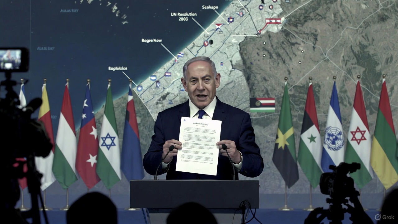 Netanyahu memegang dokumen Resolusi 2803 dalam konferensi pers dengan peta Gaza di layar belakang