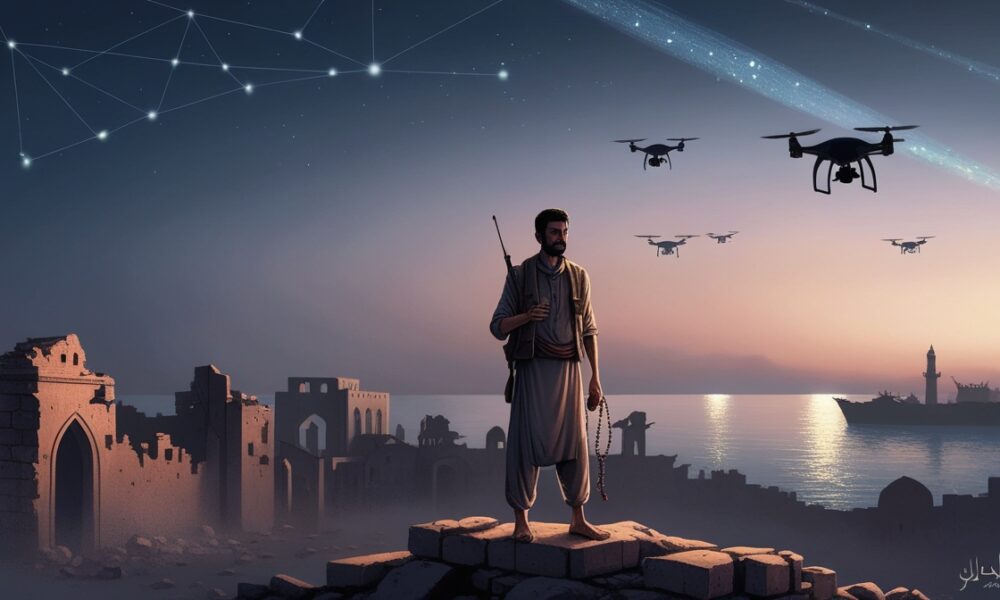 Silhouette of a Yemeni fighter standing on Sanaa’s ruins under a sky of drones and satellites, symbolizing Yemen’s quiet victory over global intelligence.