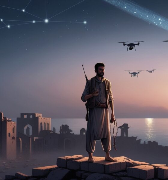 Silhouette of a Yemeni fighter standing on Sanaa’s ruins under a sky of drones and satellites, symbolizing Yemen’s quiet victory over global intelligence.