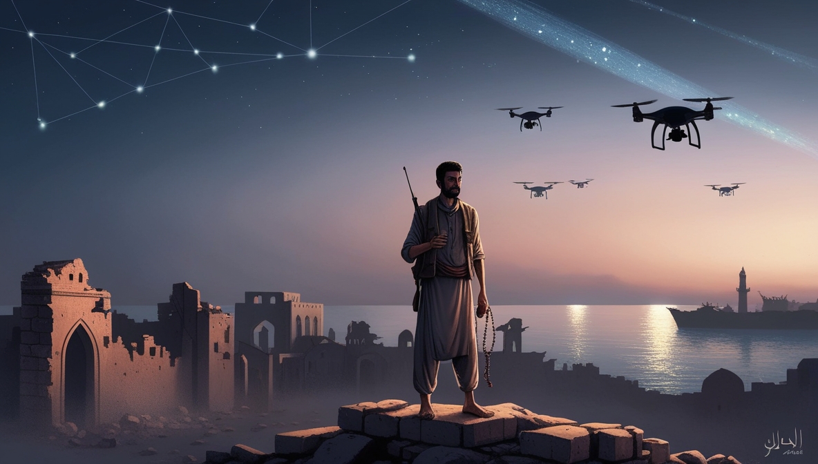 Silhouette of a Yemeni fighter standing on Sanaa’s ruins under a sky of drones and satellites, symbolizing Yemen’s quiet victory over global intelligence.