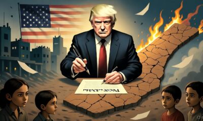 Donald Trump signs a “Peace Plan” over a burning map of Gaza, symbolizing U.S. control disguised as peace.