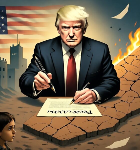 Donald Trump signs a “Peace Plan” over a burning map of Gaza, symbolizing U.S. control disguised as peace.