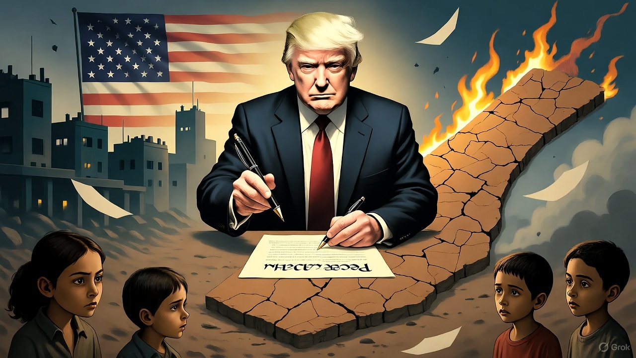 Donald Trump signs a “Peace Plan” over a burning map of Gaza, symbolizing U.S. control disguised as peace.