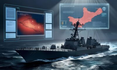 Ilustrasi realistis kapal perang AS di Laut Karibia dengan tampilan peta digital yang menyorot Venezuela, menekankan ketegangan geopolitik dan penggunaan kekuatan sebagai alat tekanan.