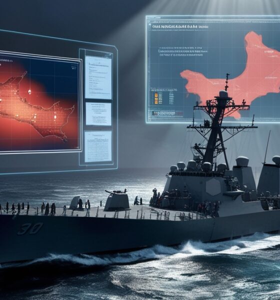 Ilustrasi realistis kapal perang AS di Laut Karibia dengan tampilan peta digital yang menyorot Venezuela, menekankan ketegangan geopolitik dan penggunaan kekuatan sebagai alat tekanan.