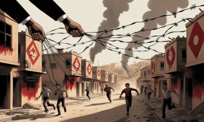 Ilustrasi editorial tentang konflik sektarian di Homs yang digambarkan sebagai permainan boneka, dengan tangan bayangan mengendalikan benang-benang yang menyalakan kekacauan di permukiman warga.