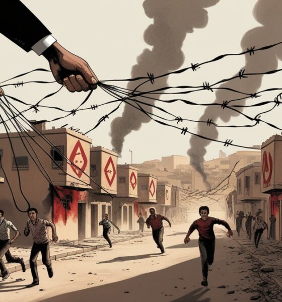 Ilustrasi editorial tentang konflik sektarian di Homs yang digambarkan sebagai permainan boneka, dengan tangan bayangan mengendalikan benang-benang yang menyalakan kekacauan di permukiman warga.