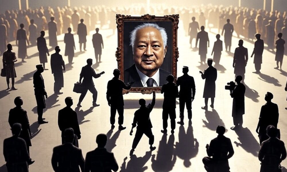 Illustration of Suharto’s portrait honored while victims’ shadows loom beneath, symbolizing historical amnesia.