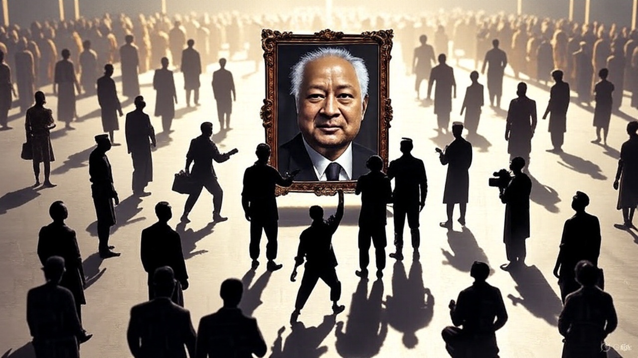 Illustration of Suharto’s portrait honored while victims’ shadows loom beneath, symbolizing historical amnesia.