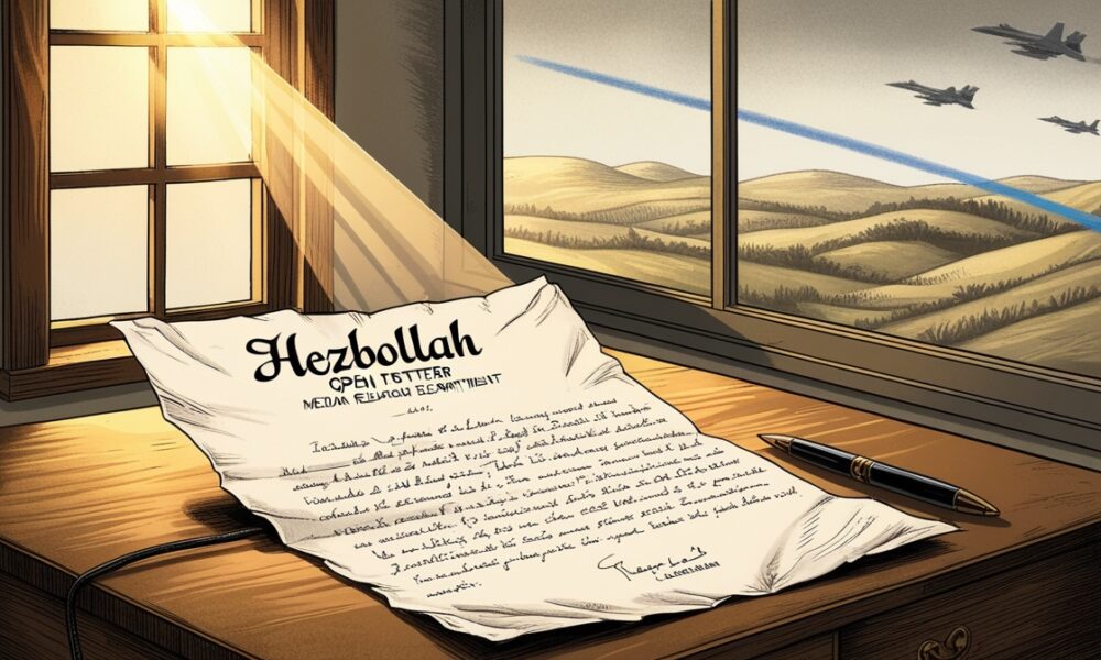 A handwritten open letter by Hezbollah on a wooden desk, with fighter jets flying over Lebanon’s border in the background.