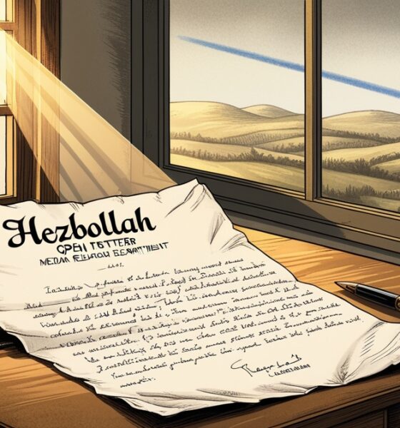 A handwritten open letter by Hezbollah on a wooden desk, with fighter jets flying over Lebanon’s border in the background.