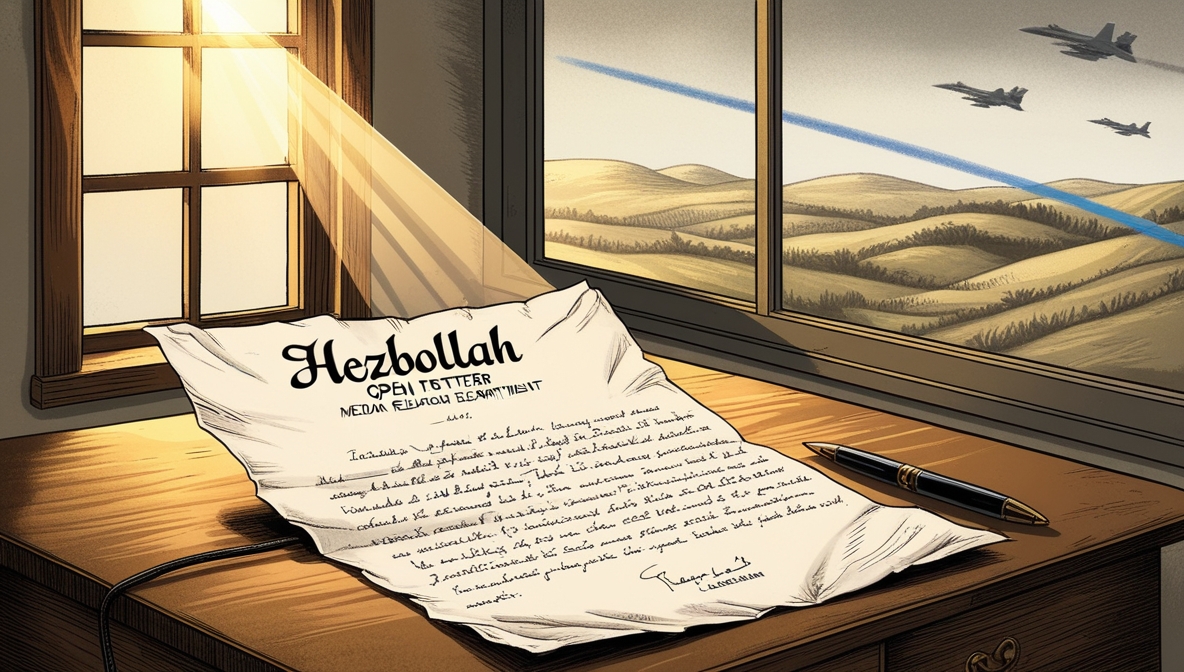 A handwritten open letter by Hezbollah on a wooden desk, with fighter jets flying over Lebanon’s border in the background.