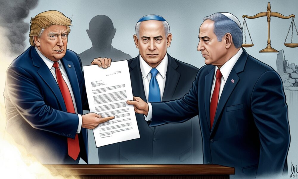 Trump menyerahkan surat pengampunan kepada Herzog dengan Netanyahu berdiri di belakang dalam bayangan, menggambarkan tekanan politik dan dilema moral.