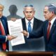 Trump menyerahkan surat pengampunan kepada Herzog dengan Netanyahu berdiri di belakang dalam bayangan, menggambarkan tekanan politik dan dilema moral.