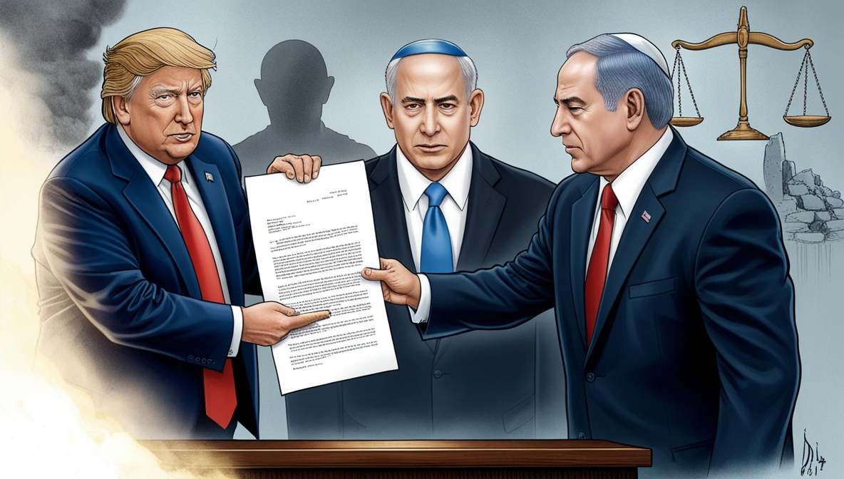 Trump menyerahkan surat pengampunan kepada Herzog dengan Netanyahu berdiri di belakang dalam bayangan, menggambarkan tekanan politik dan dilema moral.