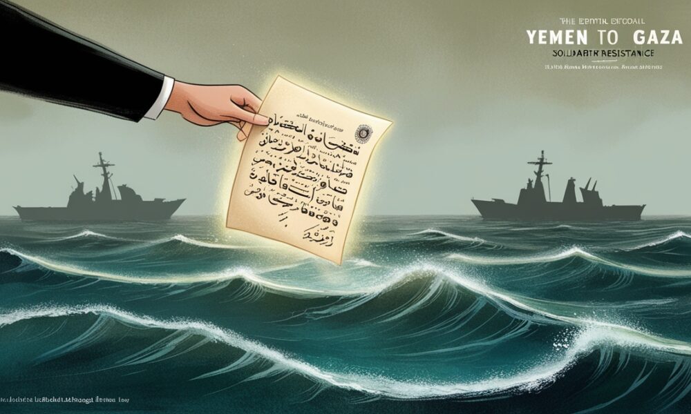 Illustration of a symbolic letter from Yemen to Gaza crossing a stormy sea, representing solidarity and resistance.