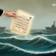 Illustration of a symbolic letter from Yemen to Gaza crossing a stormy sea, representing solidarity and resistance.