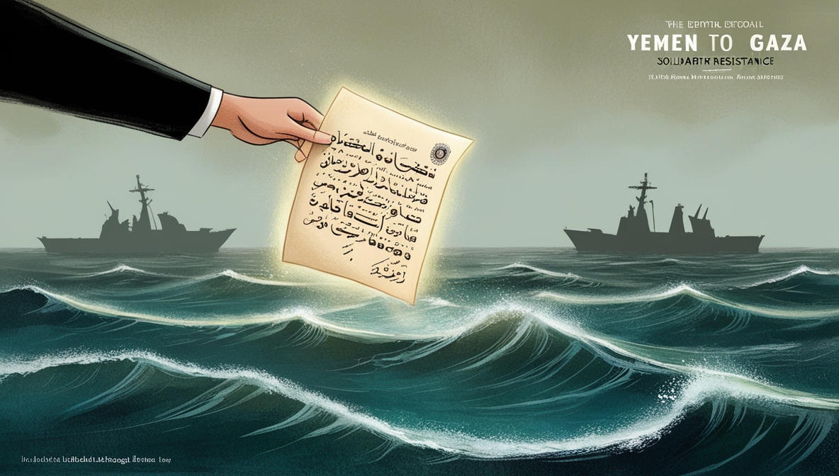 Illustration of a symbolic letter from Yemen to Gaza crossing a stormy sea, representing solidarity and resistance.
