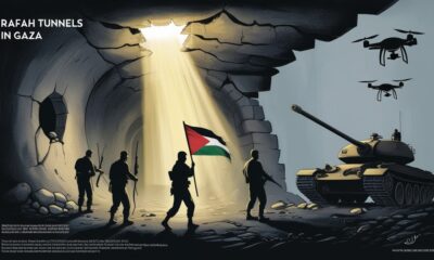 Editorial illustration of Palestinian fighters in the Rafah tunnels refusing to surrender despite siege.