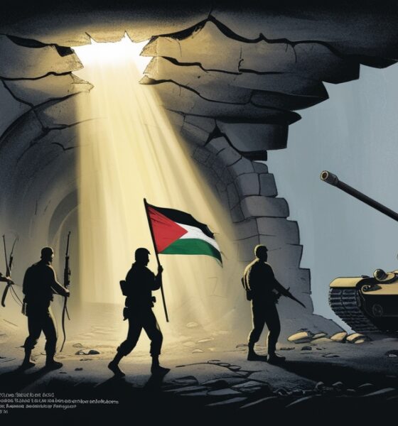 Editorial illustration of Palestinian fighters in the Rafah tunnels refusing to surrender despite siege.